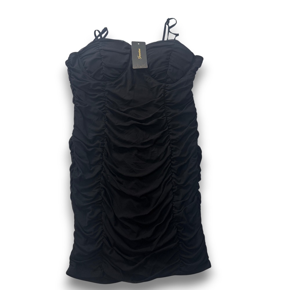 Shinestar Womens Black Ruched Mesh Bustier Bodycon Mini Dress SD5049 XL New